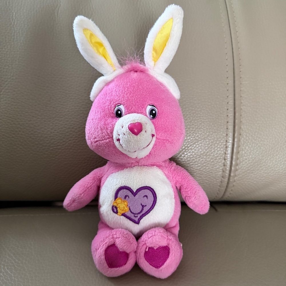 Care Bears Pink Take Care Bear Easter Bunny Ears Purple Heart 9” Plush Vtg 2004